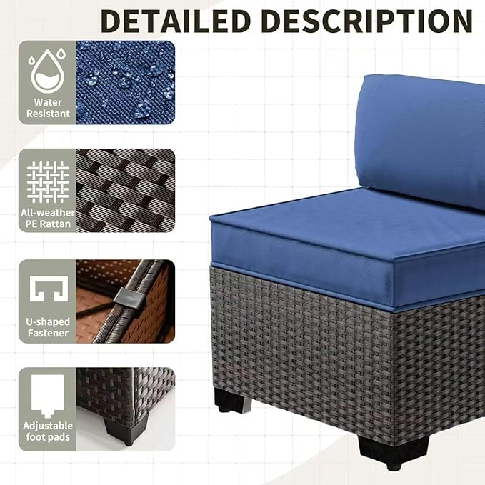 Gotland 9 Pieces Patio Furniture Set with 2 Swivel Chairs, 7-Seater Patio Furniture in 4 Combinations with Wide Armrests 29.5'' High Backrest, Wicker Outdoor Sectional for Deck Garden Pool Navy