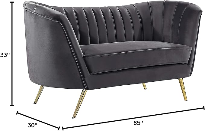 Meridian Furniture Margo Collection Modern | Contemporary Velvet Upholstered Loveseat with Deep Channel Tufting and Rich Gold Stainless Steel Legs, Grey, 65" W x 30" D x 33" H