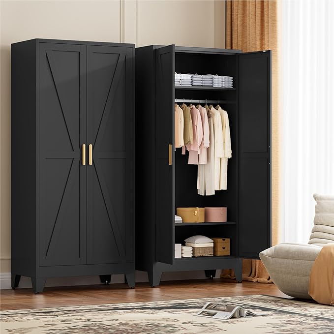 LCAOPC 71" Tall Metal Wardrobe Closet with Adjustable Shelves and Hanging Rod, 2 Doors Free Standing Armoire Wardrobe Cabinet for Bedroom, Office, Laundry Room, Black