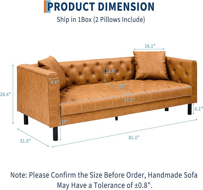 IDEALHOUSE 81" Mid Century Modern Leather Sofa, 3 Seater Chesterfield Couch with Button Tufted Back & Deep Seat, Upholstered Living Room Sofa for Apartment or Office, Cognac Tan
