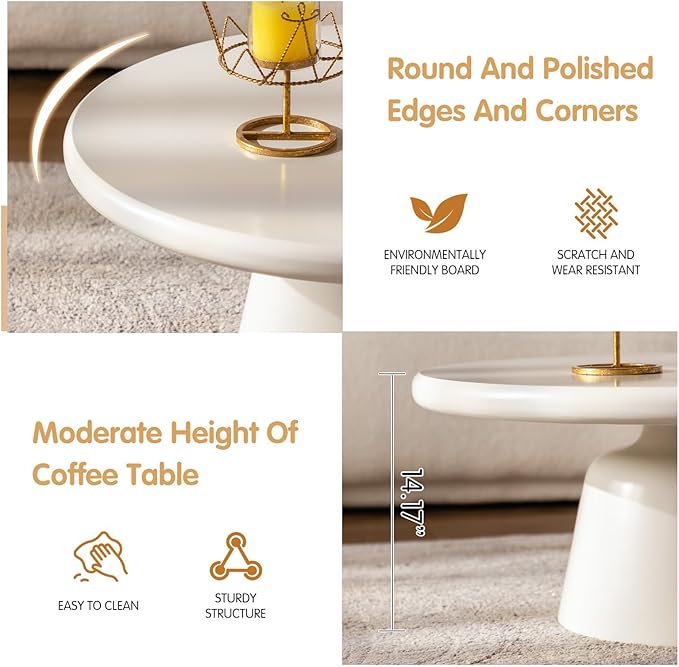 Cream White Nesting Coffee Table Set Triangle Coffee Tables and Round Tempered Glass Side Table 2 in 1 Modern Center Tables Low Tables Sets for Living Room, Bedroom Easy Assemble (Round 31.5")