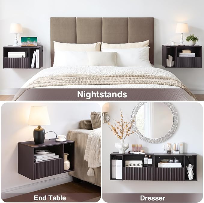 BuildHom Modern Espresso Fluted Floating Nightstand with Charging Station, NightStand with Drawers, Bedside with USB Ports and Outlets, Bedroom Furniture (Right) - Image 4