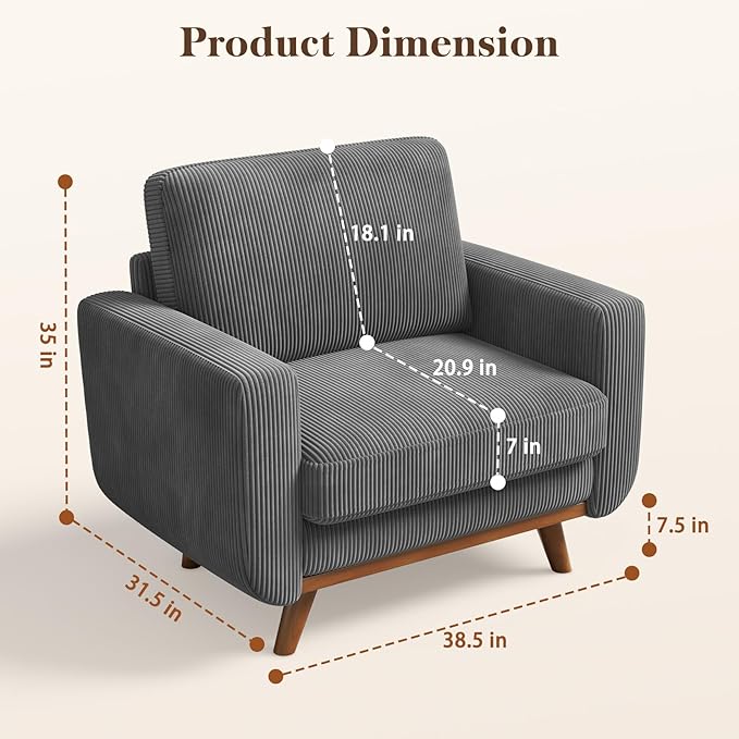 38.5" Dark Grey Corduroy Accent Chair, Comfy Deep Seat Armchair with Spring Cushion, Modern Reading Sofa for Living Room Bedroom