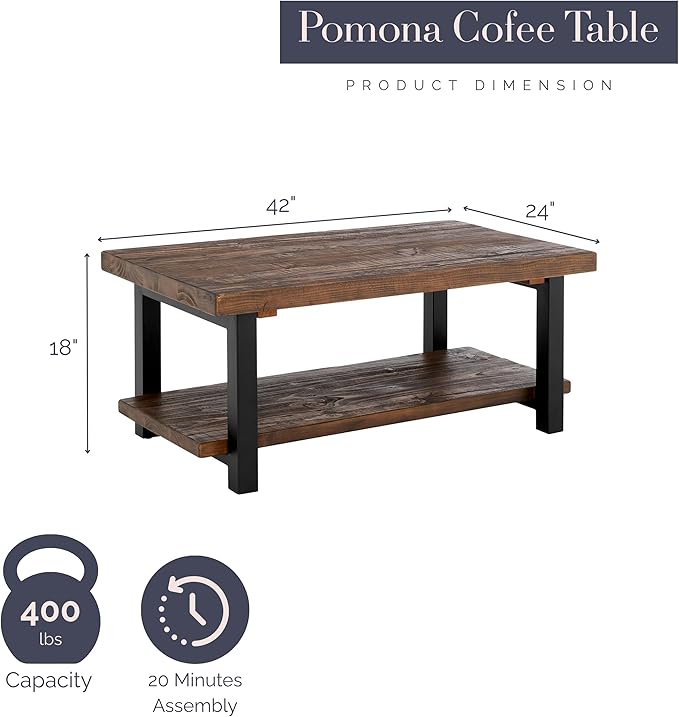 Alaterre Furniture Pomona Living Room Tables – 42 Inch Rectangular Solid Wood Coffee Table with Storage Shelf & Metal Legs – Rustic Industrial Farmhouse Living Room Table (Rustic Brown)