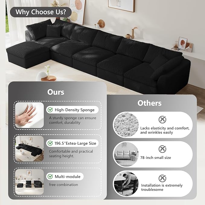 Modular Sectional Sofa Boneless Cloud Couch for Living Room, L Shape Deep Seat Recliner Sofa with Ottoman, Adjustable Backrest & 2 Throw Pillows - Covers Washable, (Black, 5 Seater+1 Ottoman)