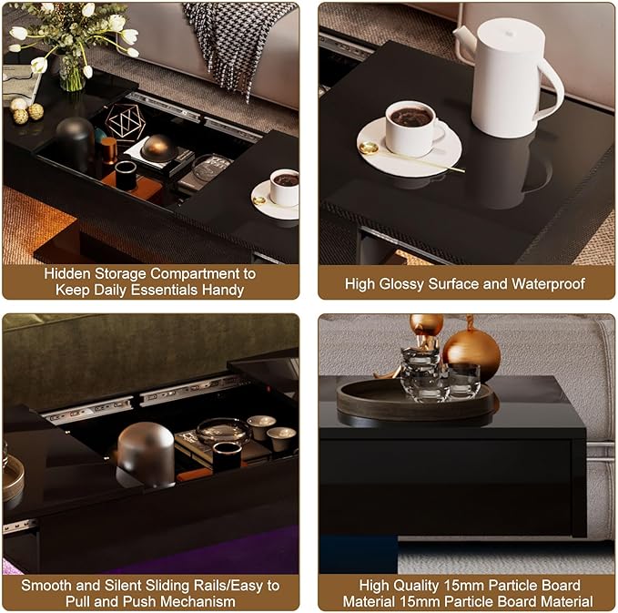 Black Modern Coffee Table with Hidden Storage for Living Room, Living Room Table Rectangular Center Tables Sliding Top with LED Lights, Wooden Cocktail Table for Reception Room