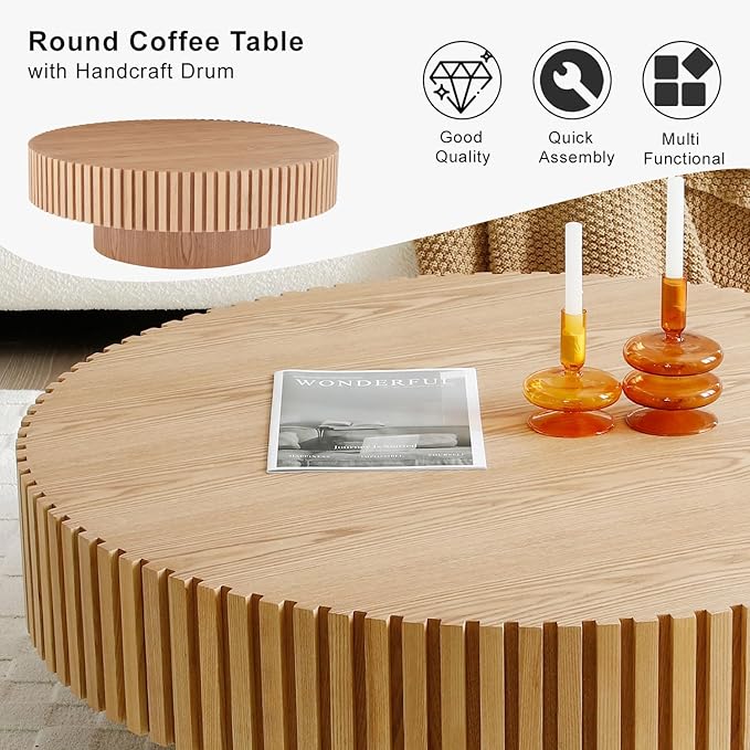 31.49" Round Fluted Coffee Table for Living Room, Mid Century Modern Drum Coffee Table with Sturdy Pedestal, Circle Center Table Accent Tea Table for Apartment ASH