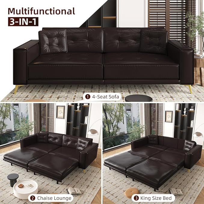92" 3-in-1 Faux Leather Convertible Sleeper, King Size Pull Out Sofa Bed, 4-Seater Mid Century Modern Tufted Couch with 2 Pillows for Living Room, Apartment, Office (Espresso/Dark Brown) | Leather Sofa Bed, King Pull Out Sofa, Tufted Couch