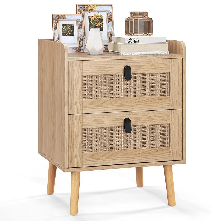 Giantex Rattan Nightstand with 2 Drawers, Boho End Table with 4 Solid Wood Legs, Mid-Century Modern Bedside Table with Storage, Wooden Night Stand for Small Spaces Bedroom, Natural by Giantex