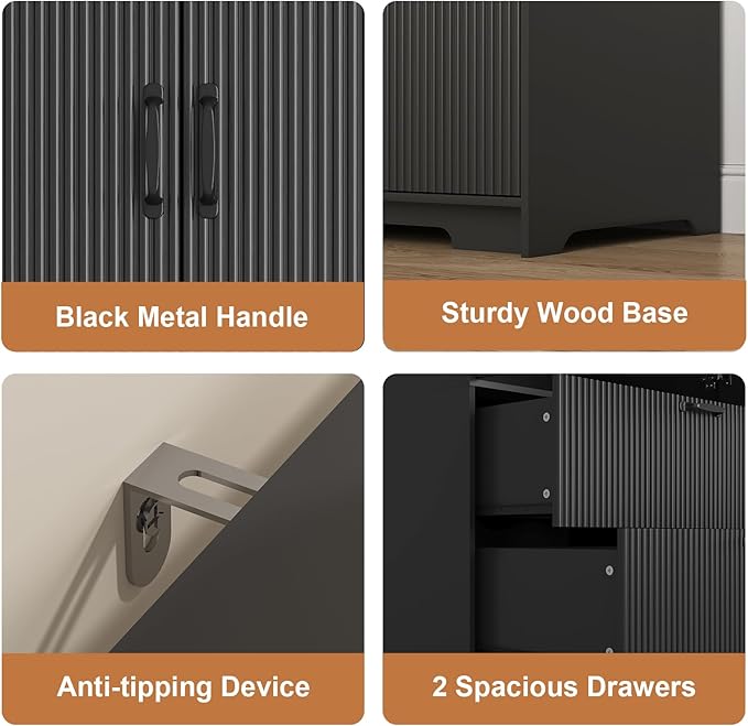 72'' Fluted Armoire Wardrobe Closet with Mirror Door and 2 Drawers,Tall Bedroom Armoire Wardrobe Cabinet with Hanging Rod,Wooden Bedroom Closet with 4 Adjustable Shelves (Black)