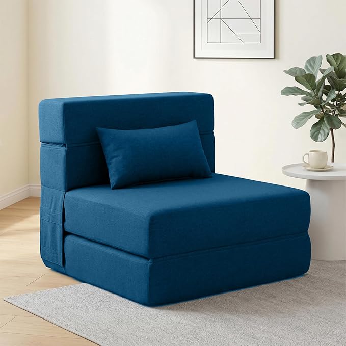 Folding Sofa Bed with Pillow- Convertible Chair Floor Couch & Sleeping Mattress, Foldable Memory Foam Sleeper for Living Room/Dorm/Guest Room/Home Office/Apartment/Loft, Single28,Navy Blue