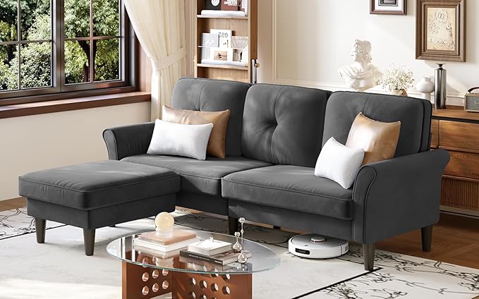 Sofas for Living Room, 83" Velvet Sectional Couch with Moveable Ottoman, Midcentury Modern Small Sectional Couch, L Shape Sofa & 2 Seater, Couches for Living Room, Apartment, Bedroom