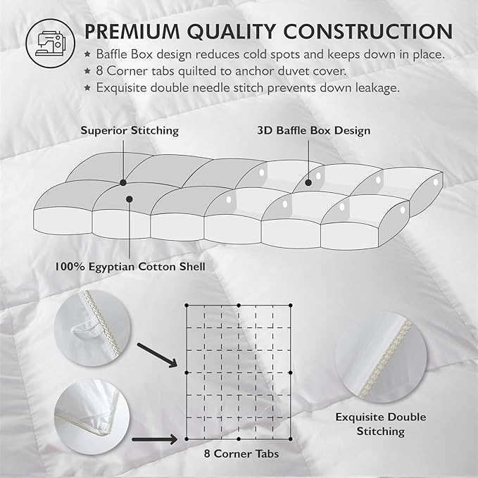 Luxurious White Solid Medium Weight, Oversize Queen Size Goose Feathers Down Comforter for All-Season, 98 X 98 inches, Premium Baffle Box, 100% Egyptian Cotton Cover, 80 oz. Fill Weight