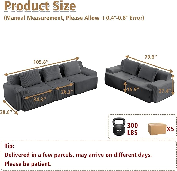 KIGOTY Modular Sectional Sofa Set, 5 Pcs Comfy Cloud Sectional Couch with Deep Seat, Modern Boneless Couch for Living Room, No Assembly Required,Grey