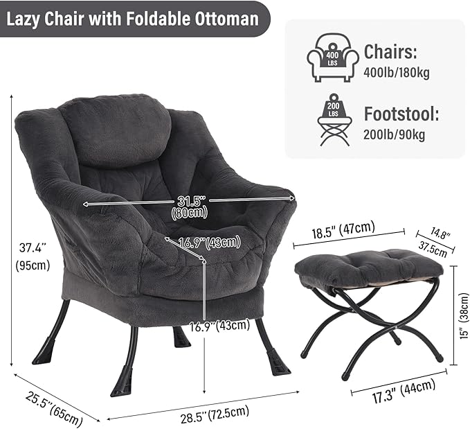 Furlide Lazy Chair with Ottoman, Modern Accent Chair with Armrests and a Side Pocket, Plush Navy Accent Chairs, Reading Chairs, Oversized Armchairs for Bedroom, Study, Living Room, Courtyard