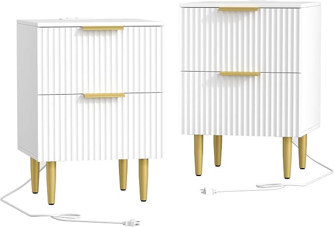 Akxomel White Nightstand Set of 2, Fluted Night Stand with Charging Station, 13.8" D x 15" W x 23.2" H, 2 Drawers Modern Bedside Table with USB Ports and Outlets, Golden Side Table for Bedroom by Akxomel