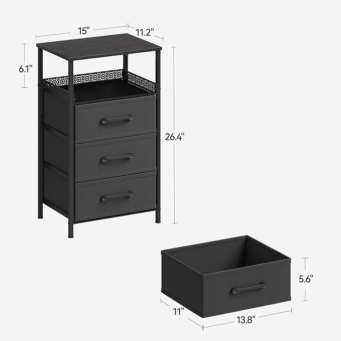 JARHETUN Nightstand Set of 2, Night Stands with 3 Fabirc Drawers, 26.4 Inch Tall Bedside Table with Metal Shelf, Modern Side End Table Storage Furniture, Small Dresser for Bedroom, Black - Image 3