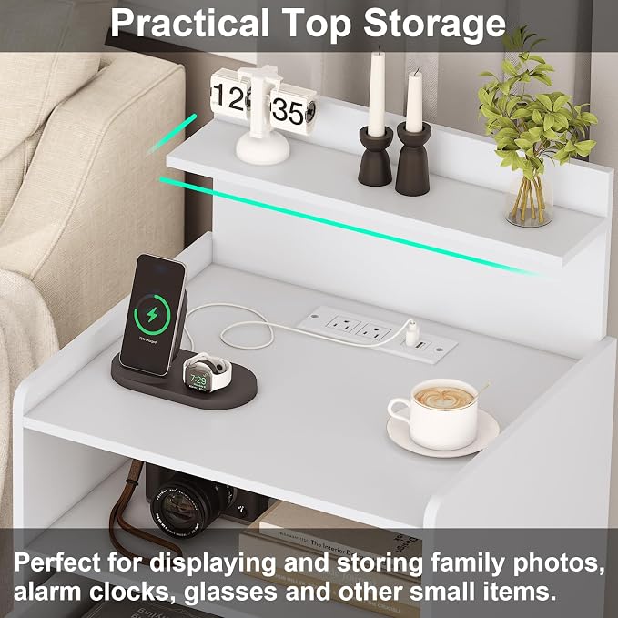 Nightstand Set of 2 with Charging Station and LED Lights, Bedside Table with 2 Drawers and Open Storage Shelf, 2 USB Ports and 2 AC Outlets, LED Night Stands for Bedroom Set of 2, White - Image 5