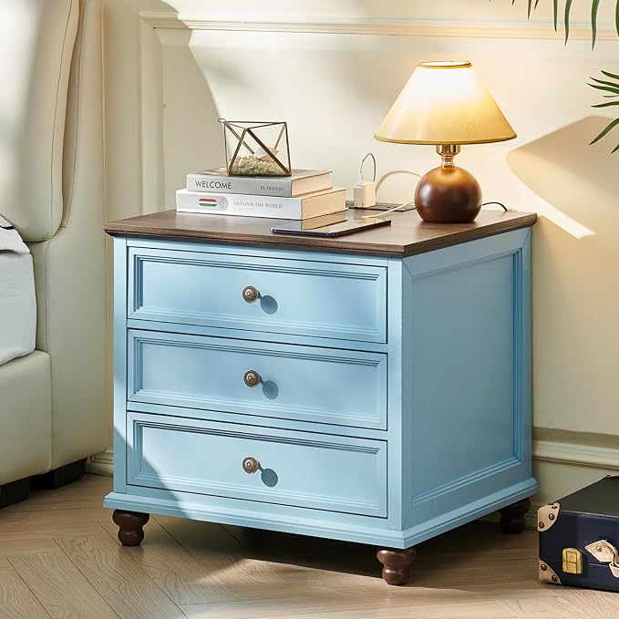 Joaxswe Farmhouse Nightstand with Charging Station, 24" Wide End Table with 3 Drawers,Light Blue Wood Dresser for Bedroom, Bed Side Table Chest of Drawers Cabinet,Night Stand for Living Room, Closet by Joaxswe