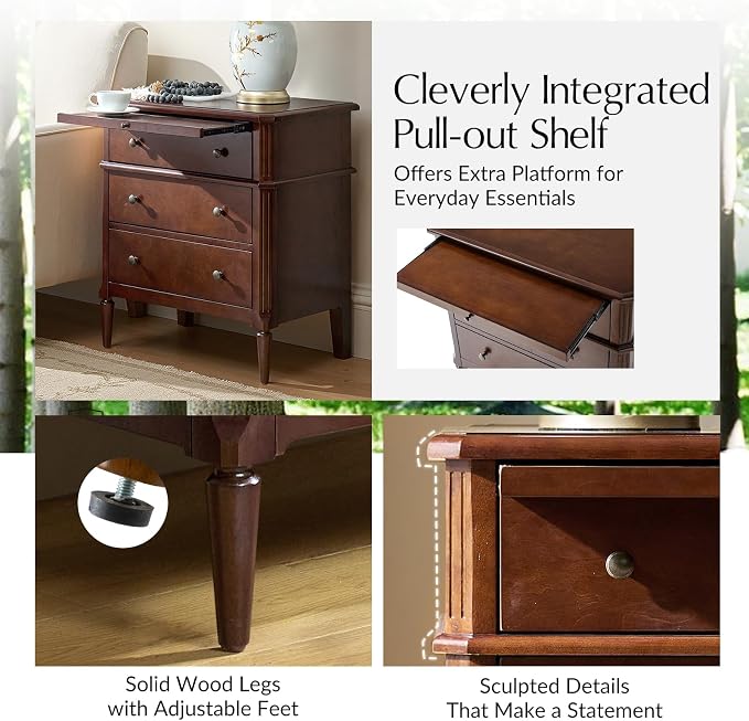 HULALA HOME End Table with Charging Station & Hidden Drawer, 30" Tall Side Table with Pull-Out Shelf, Rubberwood Legs(Walnut) - Image 5