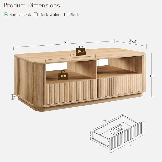 ACCOHOHO 51" Fluted Coffee Table with Storage, Large Modern Center Table with 2 Drawers, Rectangle Wood Coffee Table for Living Room