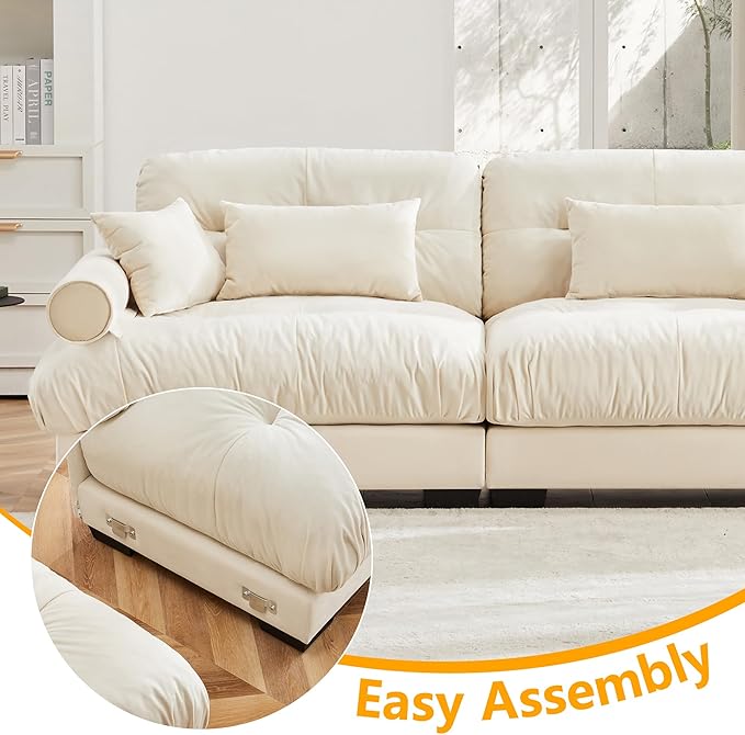 KEIKI 130" U-Shaped Oversized Velvet Modular Sectional Sofa with 2 Ottoman, High-Density Foam Cushions and Bolstered Armrests, Upholstered 3-Seater Cloud Couch with 5 Pillow, for Living Room, Cream