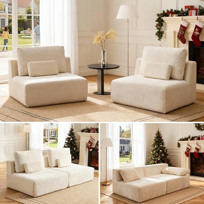 Modular Sectional Sofa, 2-Piece Beige Plush Velvet Loveseat Couch, No-Assembly Compressed Deep-Seat 2-Seat for Small Spaces Living Rooms Dorms