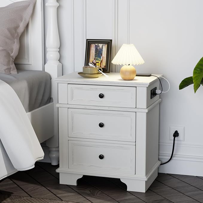 VINGLI Nightstand with Charging Station, 24" W Large Nightstand with 3 Textured Drawers, Bedroom Nightstands w/Curved Legs, Bedside Table, Side Table, Vintage Night Stand, Antique White by VINGLI