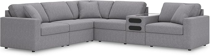 Signature Design by Ashley Modmax Contemporary Stain Resistant Left-Arm Facing 6-Piece Sectional with Audio Console, Armrest, Throw Pillows, Reversible Cushions and USB Port, Gray