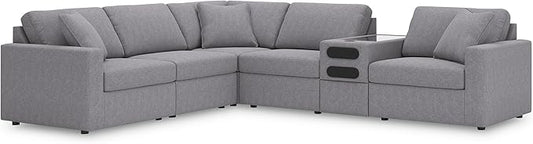 Signature Design by Ashley Modmax Contemporary Stain Resistant Left-Arm Facing 6-Piece Sectional with Audio Console, Armrest, Throw Pillows, Reversible Cushions and USB Port, Gray