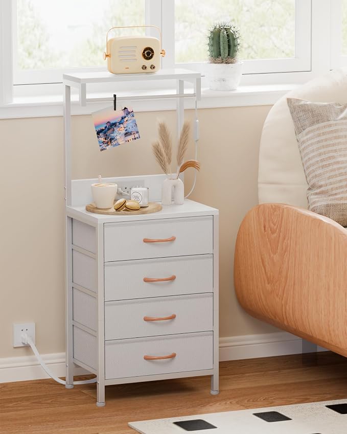 Furnulem White Nightstand, 38 inches Tall Night Stand with Charging Station and LED Lights, Bedside Table for Bedroom, Office, Hallway, 4 Fabric Drawers, Metal Frame, Wood Shelves - Image 8