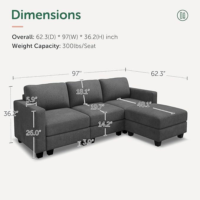 HONBAY Convertible 97'' Sectional Sofa with Storage Ottoman, 3 Seat L Shaped Couch for Small Space,Living Room, Grey