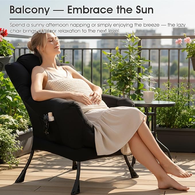 Lazy Chair for Living Room, Large Black Accent Chair with a Throw Pillow, Leisure Sofa Chair Set, Comfy Reading Chair for Bedroom, Dorm Room, Office