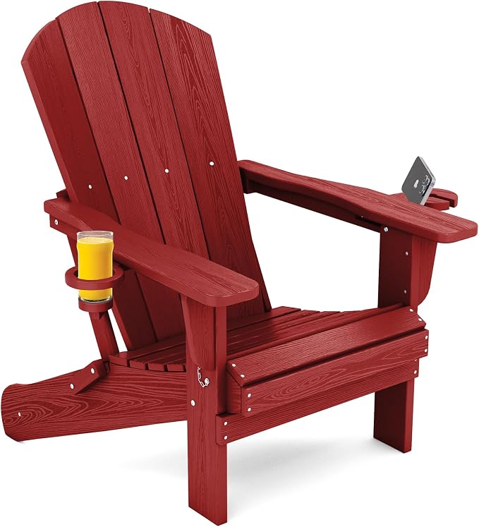 SERWALL Adirondack Chair with Cup Holders - Composite Adirondack Chairs HDPE Outdoor Chairs All Weather Use- Dark Red by SERWALL