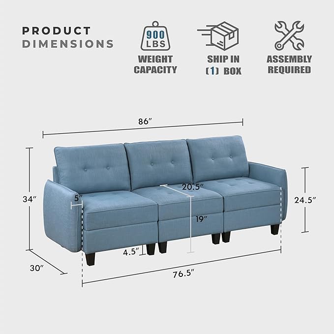 Lexicon Modern Couch with Hidden Storage, Textured Fabric Modular Sofa Couch with Button-Tufted Design, Reversible Back Cushion for Living Room/Bedroom/Office, Blue