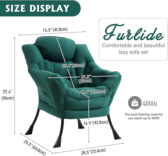 Furlide Lazy Chair for Living Room, Modern Accent Chairs with Armrests, Dark Green Armchairs with Side Pocket, Cozy Lazy Sofa for Reading, Balcony, Bedroom, Dorm, Small Spaces