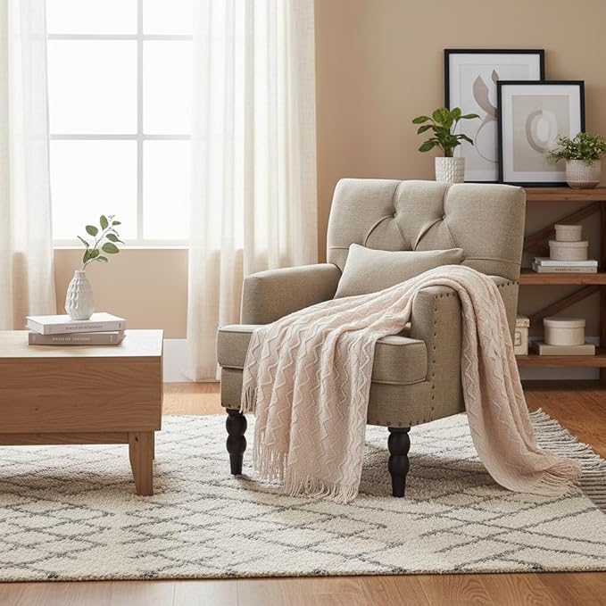 HUIMO Tufted Club Chair,Accent Chair with Lumbar Pillow, Upholstered Button Armchair, Linen Fabric Sofa Chairs for Bedroom, Living Room, Mid Century Modern with Studded Reading Chair Brown