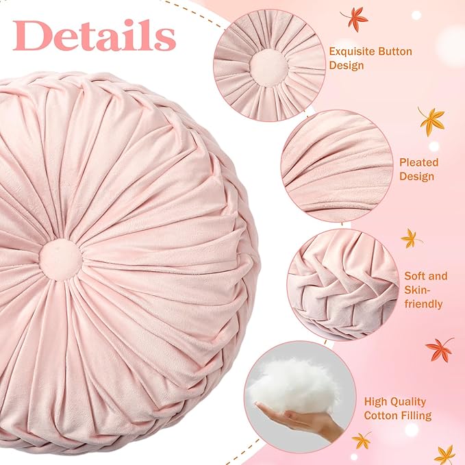 Beeveer 4 Pcs Round Throw Pillows 15 Inch Decorative Velvet Pleated Pumpkin Pillows Boho Floor Pillow with Center Button for Living Room Couch Chair Bed Sofa Home Decoration (Light Pink)