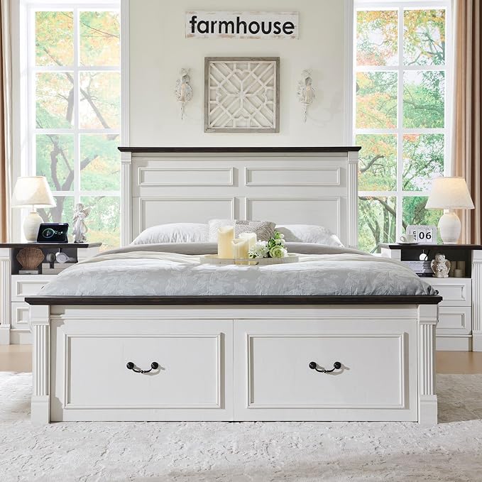 Aitjunz 26" Tall Farmhouse Nightstand, 2 Drawers End Table w/Charging Station, 23.6" Wide Large Side Table w/Roman Column, Wood Rustic Sofa Table w/Open Shelf, Bedside Table for Bedroom, White - Image 6