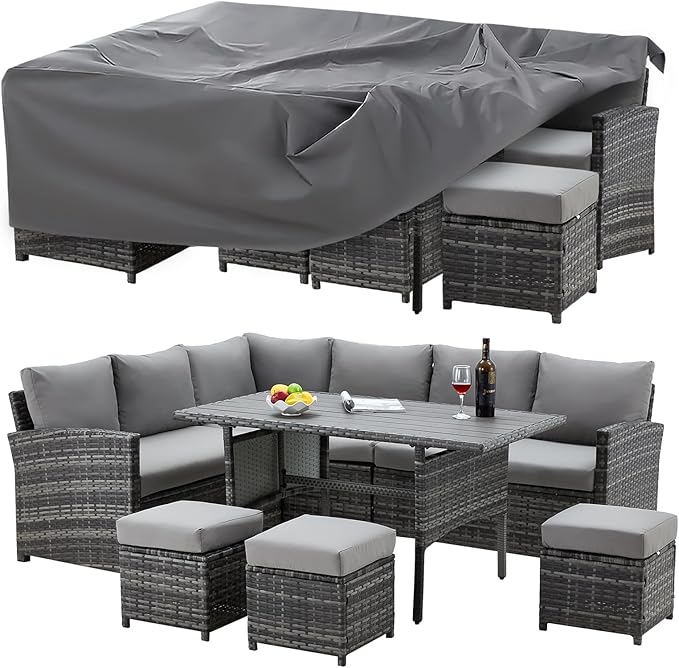 U-MAX 7 Pieces Patio Furniture Set with Waterproof Cover, Outdoor Sectional Sofa Conversation Set, All Weather Wicker Rattan Dining Table & Chair with Ottoman, Grey Rattan&Grey Cushion