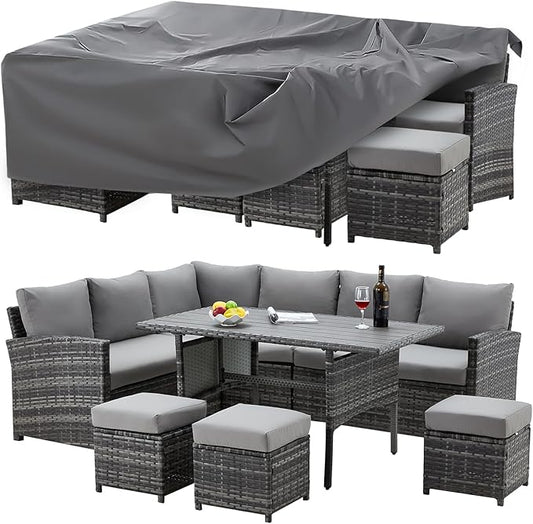 U-MAX 7 Pieces Patio Furniture Set with Waterproof Cover, Outdoor Sectional Sofa Conversation Set, All Weather Wicker Rattan Dining Table & Chair with Ottoman, Grey Rattan&Grey Cushion