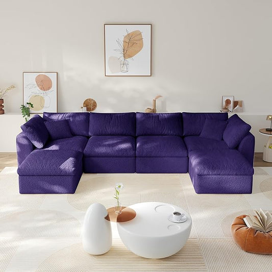 138" Modular Sectional Sofa Boneless Cloud Couch for Living Room, U Shape Deep Seat Recliner Sofa with Ottoman, Adjustable Backrest & 2 Throw Pillows - Covers Washable, (Purple, 4 Seater+2 Ottoman)