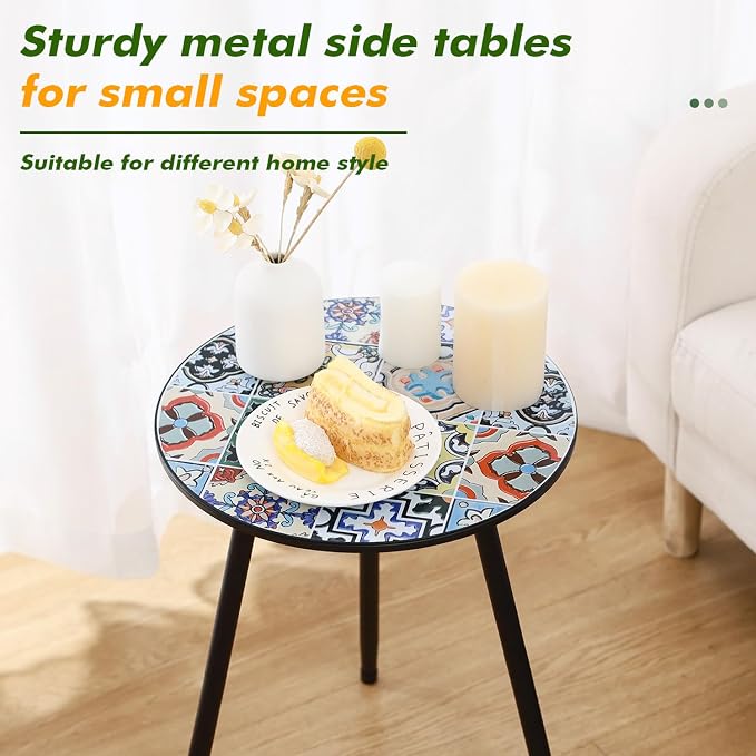 2 Packs Metal Mosaic Round Side Tables 13.4" Small Outdoor Patio Round Accent Coffee Tables Indoor Corner Stand for Small Spaces Weather-Resistant for Balcony, Porch Plant Stands Indoor, Mixed Mosaic - Image 4