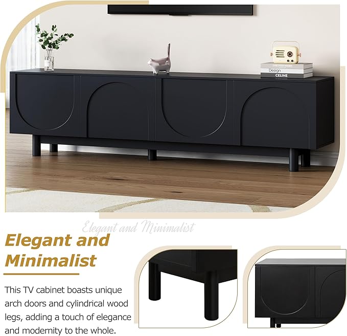 ON-TREND Graceful TV Stand with Arch Cabinets for TVs Up to 78'', Minimalist Entertainment Center with Solid Wood Legs, Practical Media Console with Adjustable Shelves for Living Room, Black - Image 4