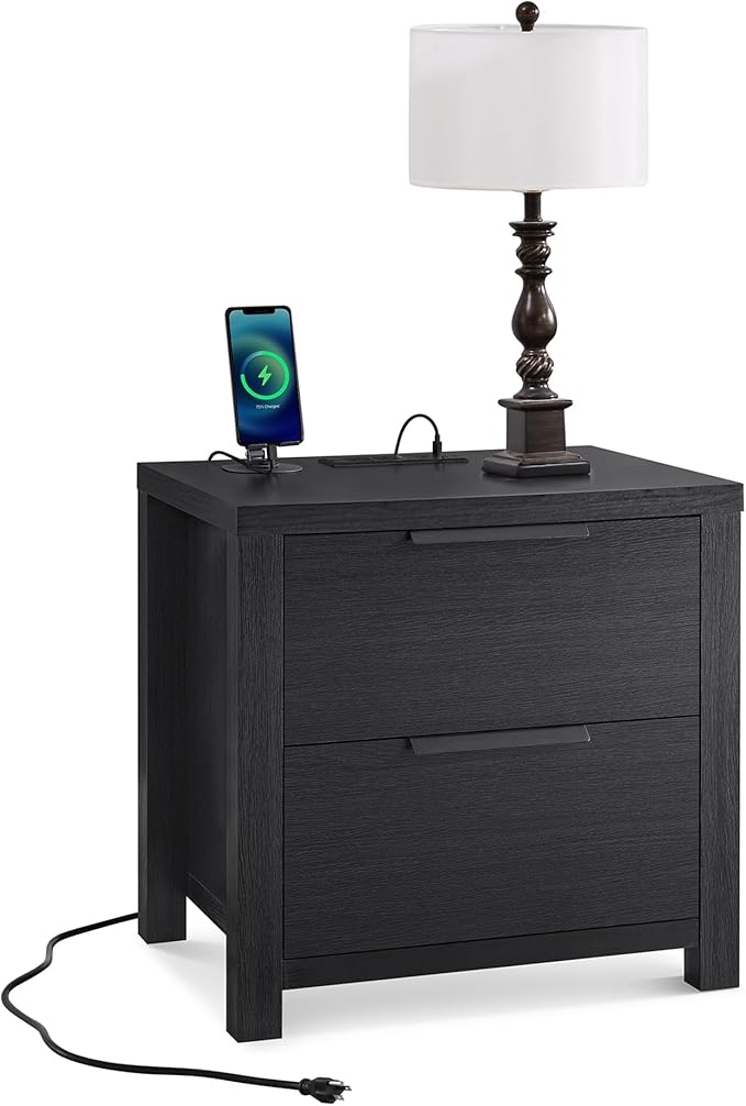 KISLOT 3 Pieces Bedroom Set, Wood Bed Frame with Upholstered Headboard & 2 Nightstands with Storage, Wooden Platform Mattress Foundation Farmhouse Bedroom Furniture Set