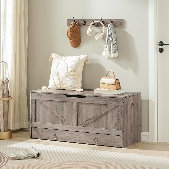 HOOBRO Storage Chest, 43.3" Toy Chest with Drawer, Wooden Storage Bench, Sturdy Entryway Bench Supports 220 lb, Shoe Bench, Safety Hinge, U-Shaped Opening, Easy Assembly, Greige BG711CW01G1 - Image 5