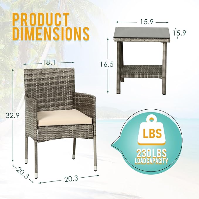 PayLessHere Set of 3 Outdoor Furniture Set Patio Furniture Set Gray Conversation Set with 2 Rattan Chairs Glass Coffee Table for Coffee Bar Poolside Patio Outdoor, Khaki Cushions