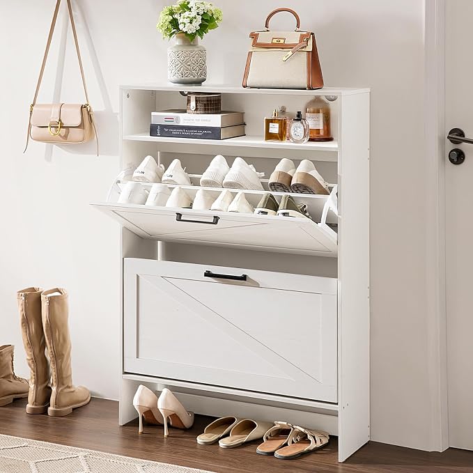 RWYHG Shoe Cabinet Storage for Entryway with 2 Flip Drawers Open Storage Layer Rack Narrow Organizer Slim Hidden Wood Shoe Cabinet Furniture White - Image 9