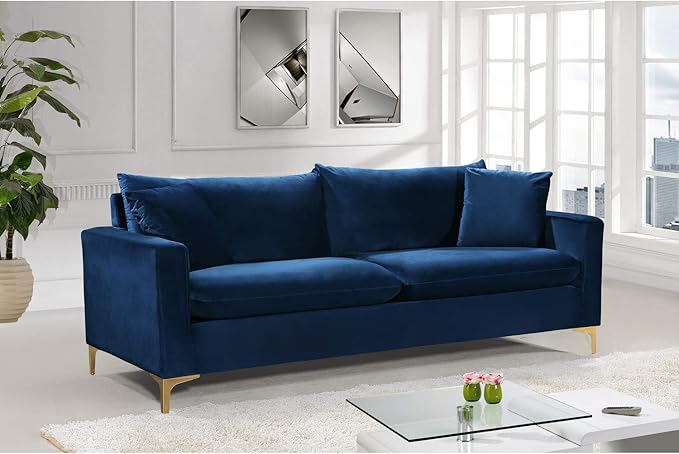 Meridian Furniture Naomi Collection Modern | Contemporary Black Velvet Upholstered Sofa with Stainless Steel Base in a Rich Gold or Chrome Finish, (633Black-S)