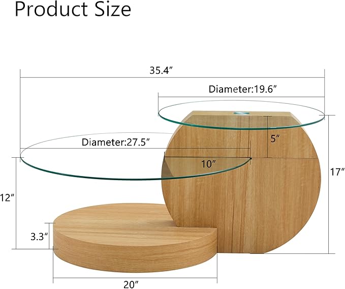 35.4" Glass Coffee Table, Small Round Coffee Table, 2-Tier Tempered Glass Tabletop with Wooden Base, Modern Center Table for Living Room, Home, Apartment, Ideal for Small Space